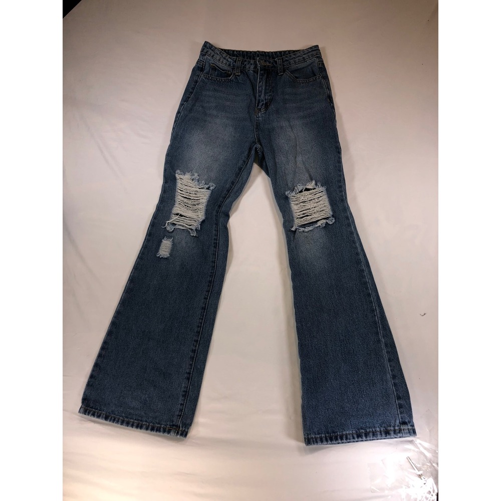SHEIN Teen Girls Distressed Flare Jeans Medium Wash Ripped Wide Leg Size 12-13Y